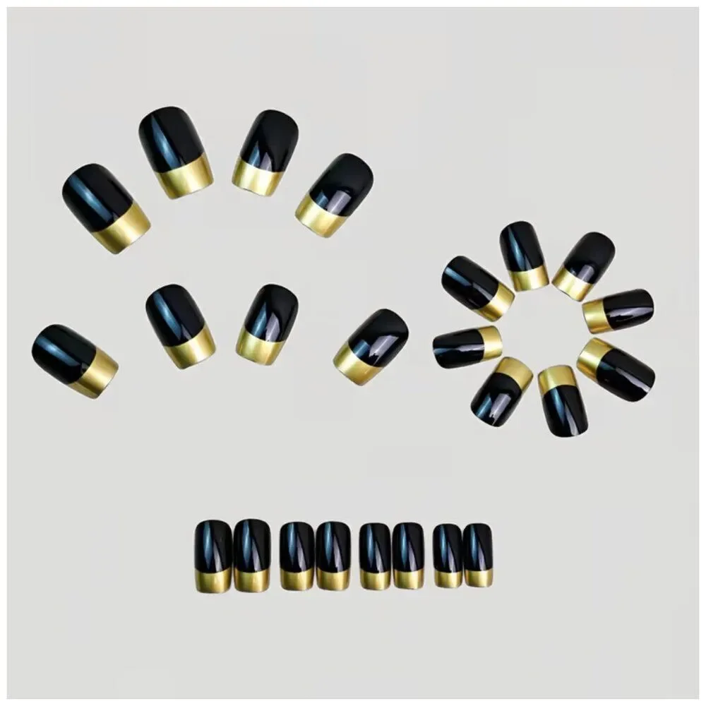 NWT 24pc Black Gold Metallic French Tip Press On Nails Medium Squoval Short